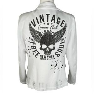 Nice Istanbul By Zerga Womens White & Grey Rhinestone Skull Print Blazer